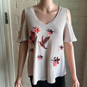 Miss Love size small cream and pink floral hummingbird embroidered sweater